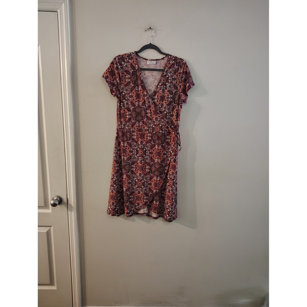 Bobbie Brooks Womens Paisley Medallion Wrap Dress Burgundy Orange Short Sleeve L